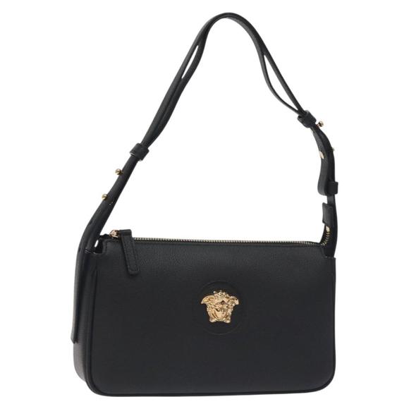 VERSACE Shoulder Bag Leather Black Gold Auth 130265 - Picture 1 of 16